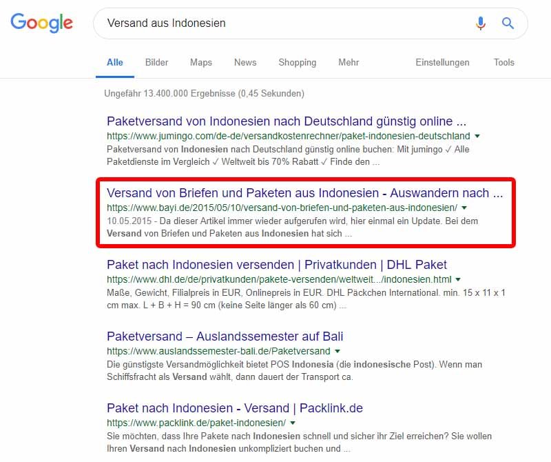 versand aus Indonesien Google