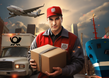 Seefracht von Indonesien nach Europa - eine kostengünstige Versandoption wieder 2023 möglich 5 Ein Postbote hält ein schweres Paket in der Mitte des Bildes, während im Hintergrund die drei möglichen Versandmethoden zu sehen sind: ein Postbus für den Standardversand, ein Frachtflugzeug für den Expressversand und ein Containerschiff für den Seefracht - Versand.