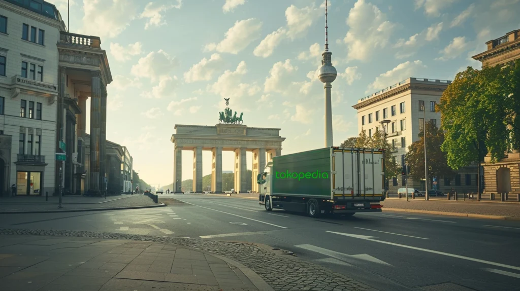 Ein Lieferwagen mit dem Tokopedia-Logo fährt durch die Straßen Berlins, vorbei an ikonischen Sehenswürdigkeiten wie dem Brandenburger Tor und dem Berliner Fernsehturm. Versand aus Indonesien.