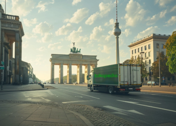 Liefert Tokopedia nach Deutschland 4 Ein Lieferwagen mit dem Tokopedia-Logo fährt durch die Straßen Berlins, vorbei an ikonischen Sehenswürdigkeiten wie dem Brandenburger Tor und dem Berliner Fernsehturm. Versand aus Indonesien.