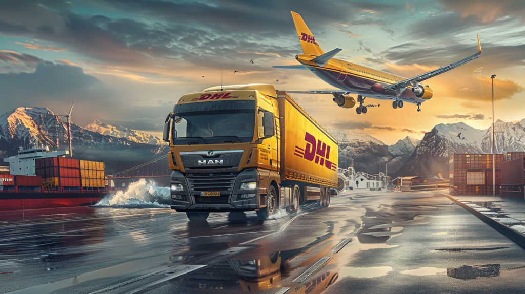 Eine dynamische und anspruchsvolle Szene, die den umfassenden internationalen Versand aus Indonesien nach Europa darstellt, mit einem DHL-Lkw, einem Transportflugzeug und einem Containerschiff.