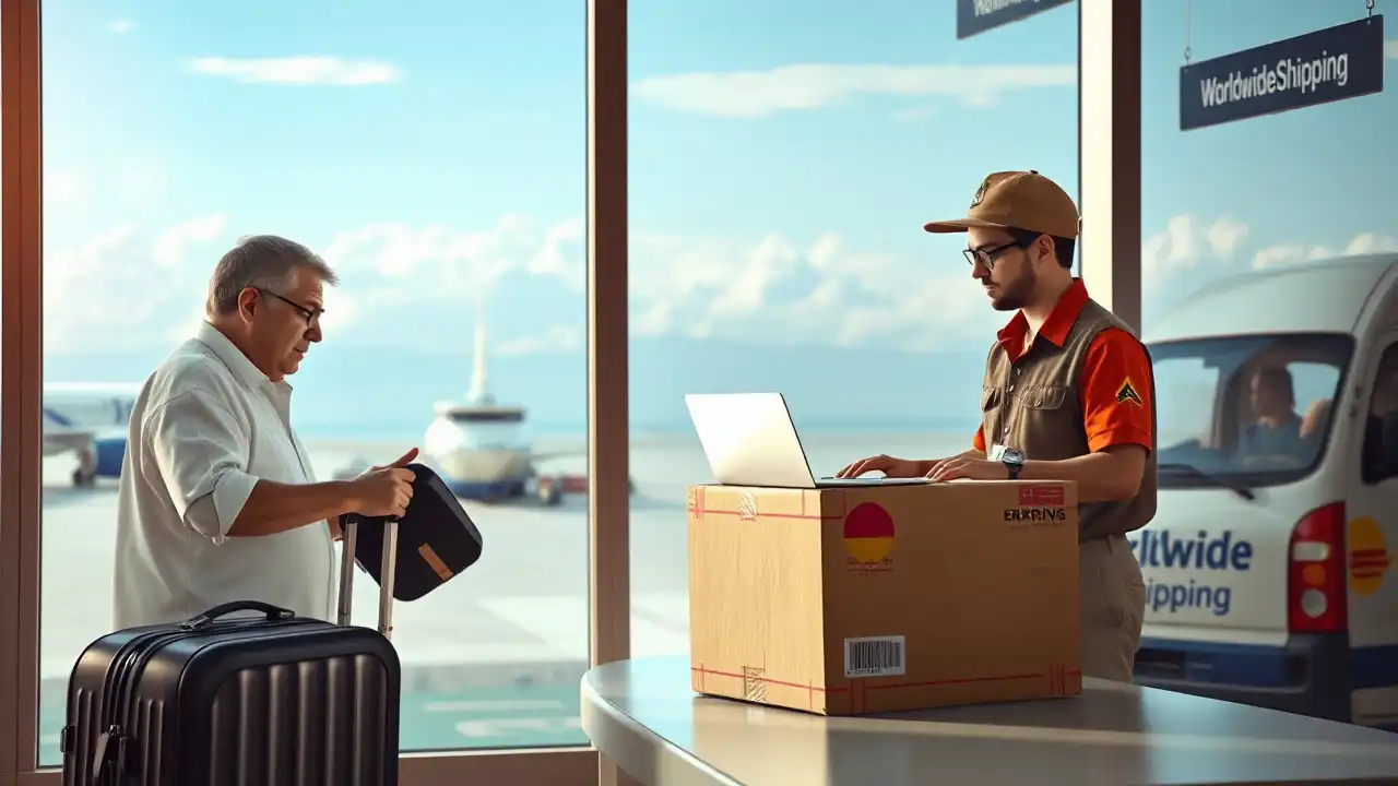 Photorealistische Szene: Gepäckversand aus Indonesien per Luft- oder Seefracht