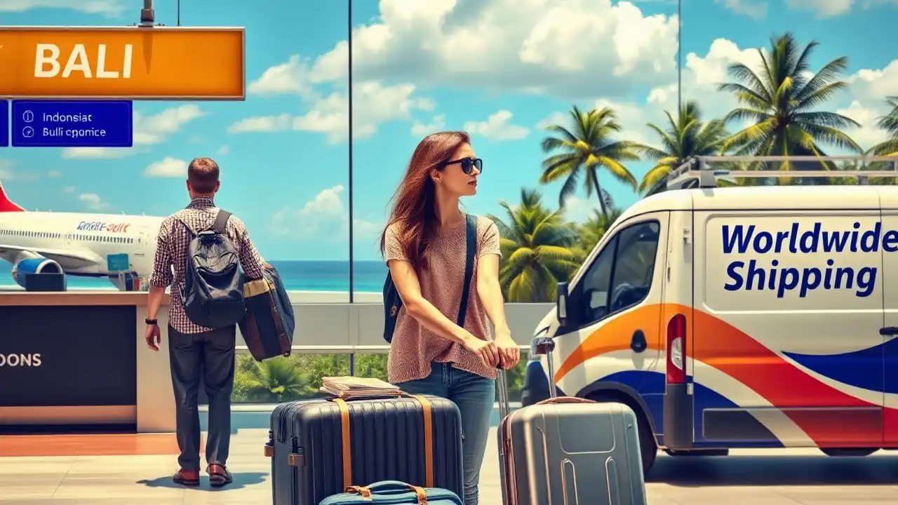 Photorealistisches Bild: Touristen versenden Koffer aus Indonesien per Versandservice