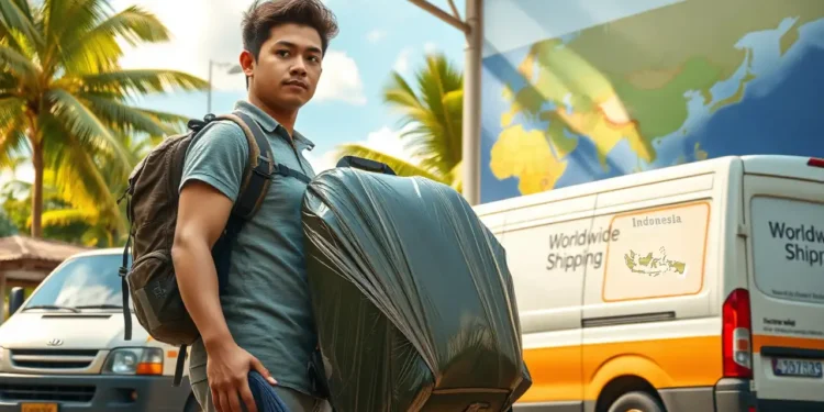 Rucksack aus Indonesien versenden (Backpacker) – Flexibel & günstig reisen 1 Photorealistisches Bild: Backpacker versendet Rucksack aus Indonesien per Versandservice