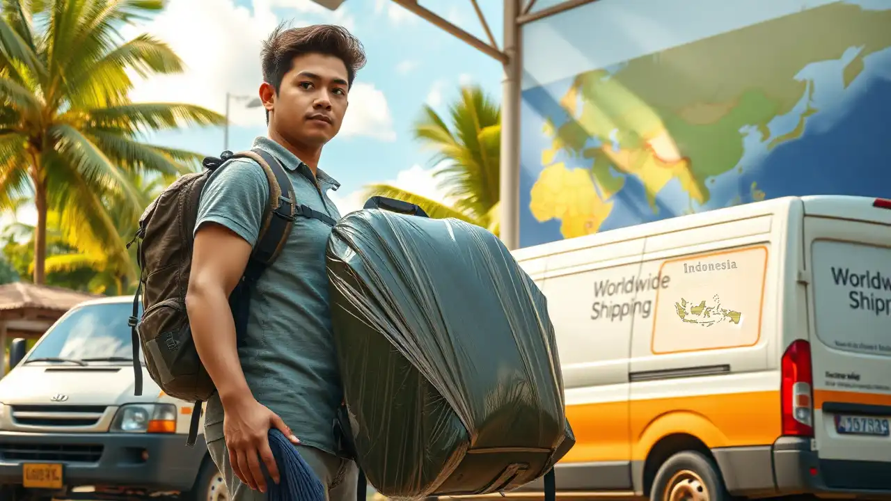 Photorealistisches Bild: Backpacker versendet Rucksack aus Indonesien per Versandservice