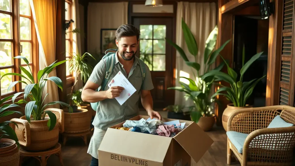 12 Mann öffnet in einem hellen, tropischen Wohnzimmer ein großes Paket voller Kleidung und hält ein Dokument oder eine Rechnung in der Hand.