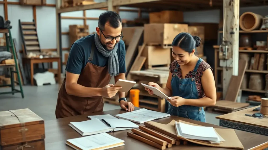 13 Zwei Mitarbeiter in einer Werkstatt stehen an einem Tisch und vergleichen Dokumente oder Bestellunterlagen, während sie lächeln und zusammenarbeiten.