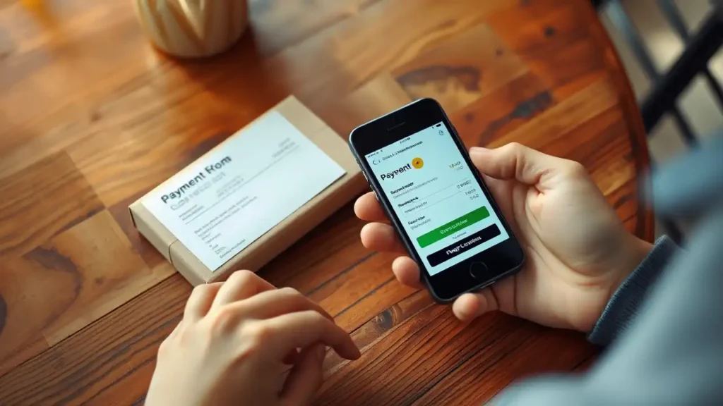 15 Person hält ein Smartphone mit einer geöffneten Online-Zahlungsseite in der Hand, neben einem Paket mit Payment-Formular auf dem Tisch.