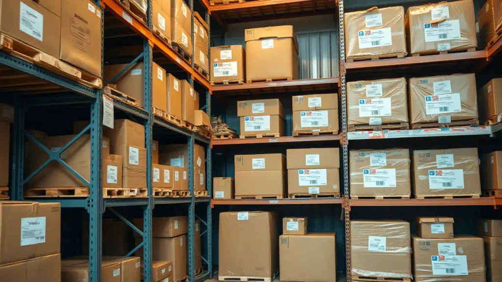 14 Gestapelte Versandkartons auf Paletten in einem gut organisierten Lagerregal.