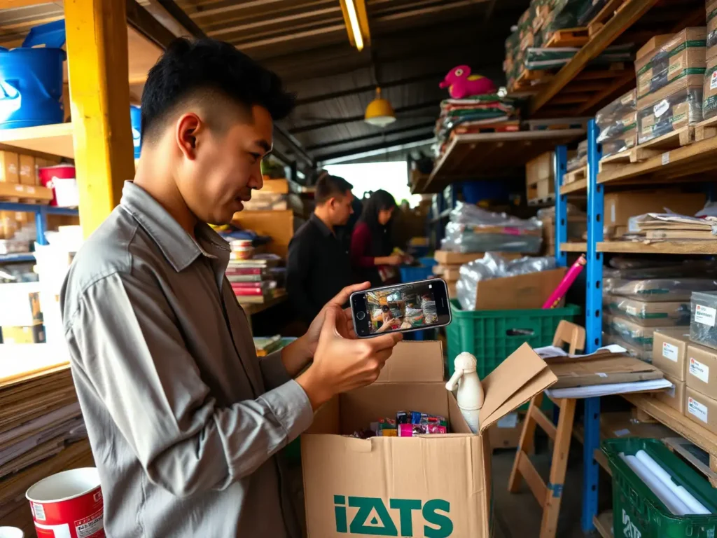 9 Ein Mitarbeiter prüft und fotografiert Waren in einem indonesischen Lager, bevor sie für den Versand vorbereitet werden.