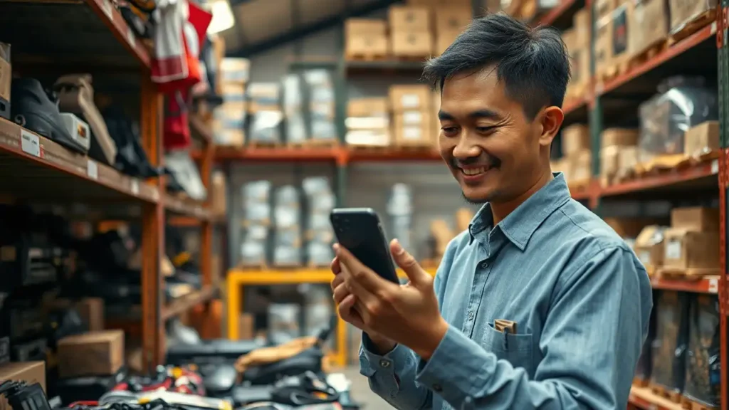 11 Mitarbeiter in einem indonesischen Lager prüft Informationen auf seinem Smartphone und lächelt zwischen vollen Regalen.